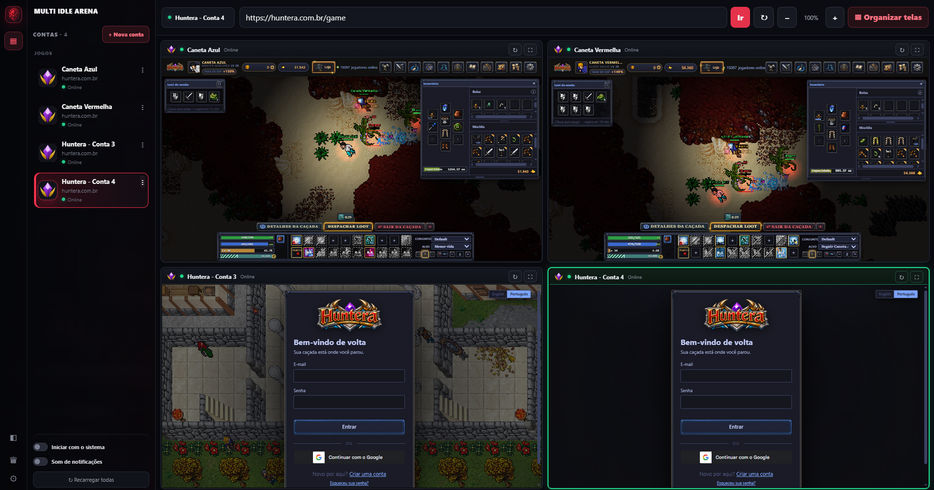 Multi Idle Arena com quatro contas organizadas em grade